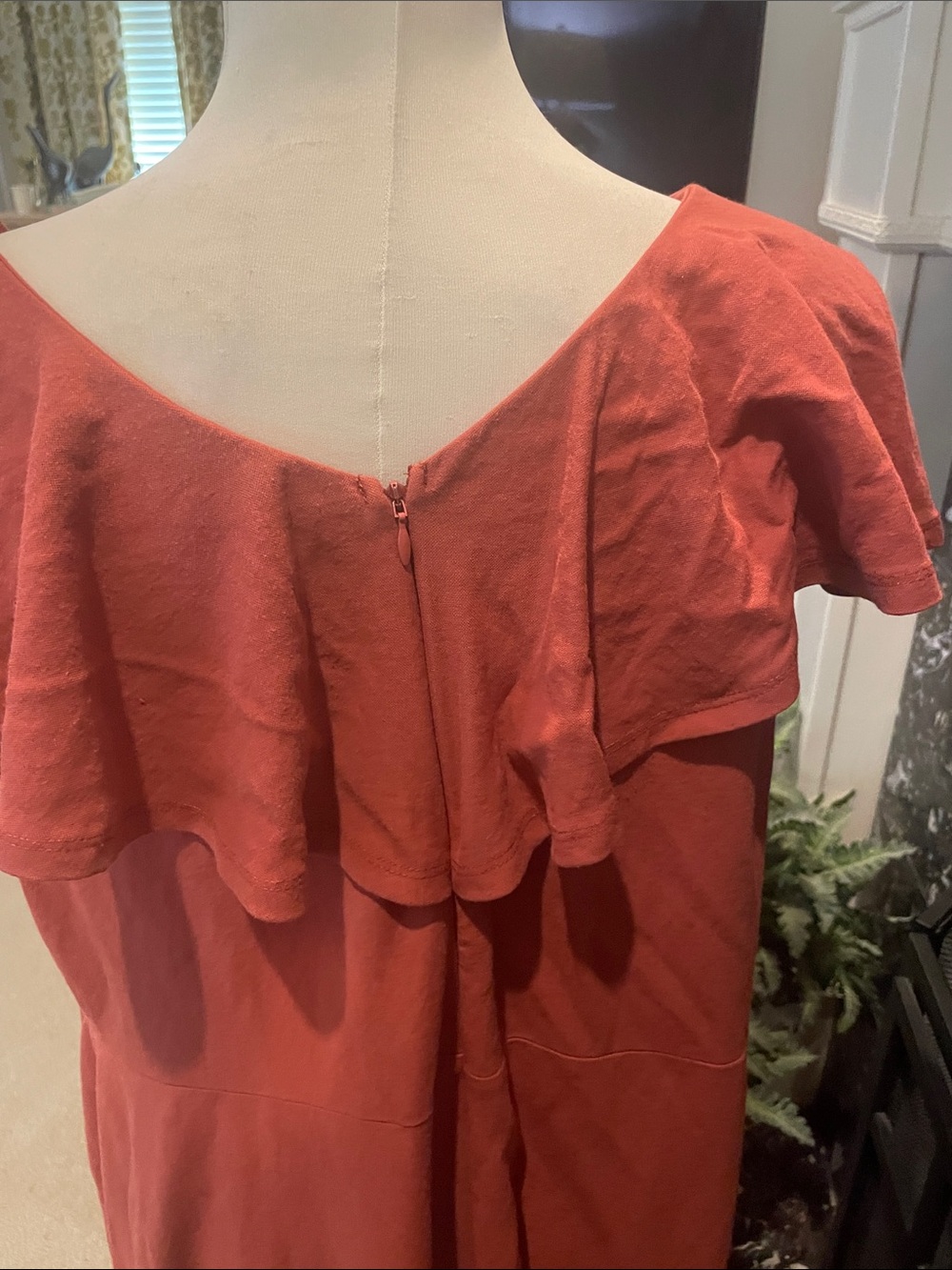 Rust Red Ruffle V-Neck Women's Dress - Picture 8 of 9